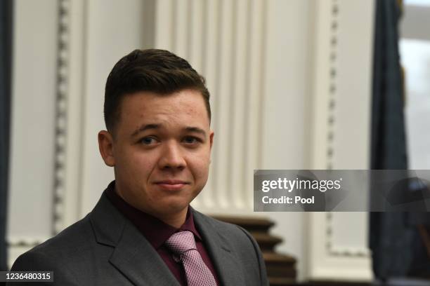 Kyle Rittenhouse takes a break during his trial at the Kenosha County Courthouse on November 10, 2021 in Kenosha, Wisconsin. Rittenhouse shot three...