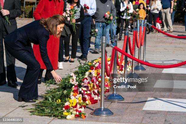 Evening News anchor Norah ODonnell places flowers during a centennial commemoration event at the Tomb of the Unknown Soldier in Arlington National...