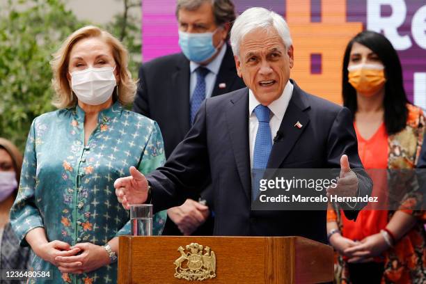 President of Chile Sebastian Piñera speaks during a press conference to promulgate the law for the National Registry of Food Pension Debtors at...