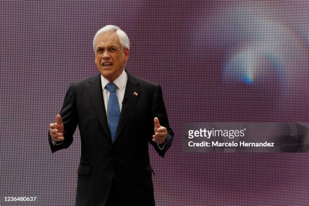 President of Chile Sebastian Piñera speaks during a press conference to promulgate the law for the National Registry of Food Pension Debtors at...