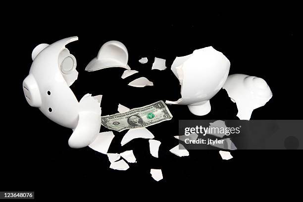 broken piggy bank with one dollar bill - smashed piggy bank stock pictures, royalty-free photos & images