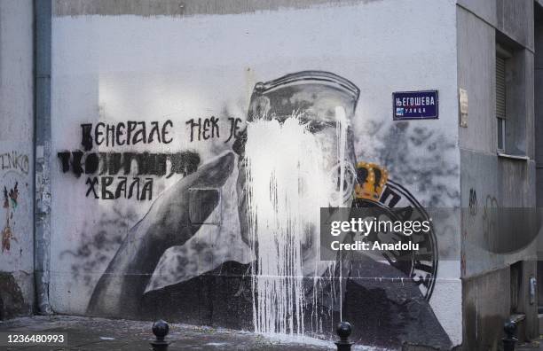 Bucket of lime spilled to the mural of war criminal Ratko Mladic preserved by Serbian Interior Ministry in Belgrade, Serbia on November 10, 2021