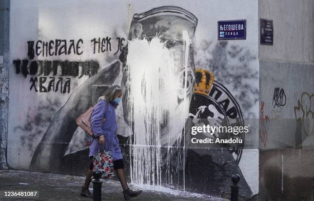 Bucket of lime spilled to the mural of war criminal Ratko Mladic preserved by Serbian Interior Ministry in Belgrade, Serbia on November 10, 2021