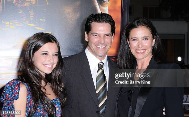 Lucy Julia Rogers-Ciaffa, Chris Ciaffa and actress Mimi Rogers arrive at the Los Angeles Premiere "Unstoppable" at Regency Village Theatre on October...