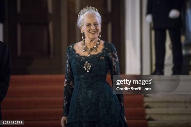 Queen Margrethe II of Denmark arrives for a state banquet in Bellevue Palace on November 10, 2021 in Berlin, Germany. The Danish queen and her son...
