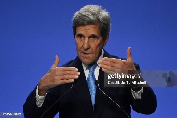 Special climate envoy, John Kerry speaks during a joint China and US statement on a declaration enhancing climate action in the 2020's on day eleven...