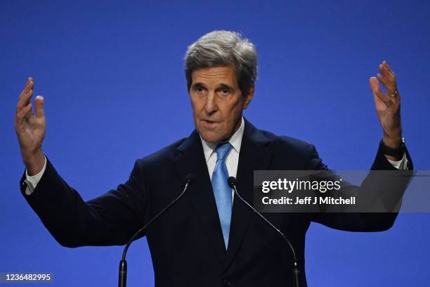 Special climate envoy, John Kerry speaks during a joint China and US statement on a declaration enhancing climate action in the 2020's on day eleven...