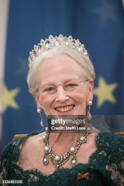 Queen Margrethe II of Denmark attends in a state banquet in Bellevue Palace on November 10, 2021 in Berlin, Germany. The Danish queen and her son are...