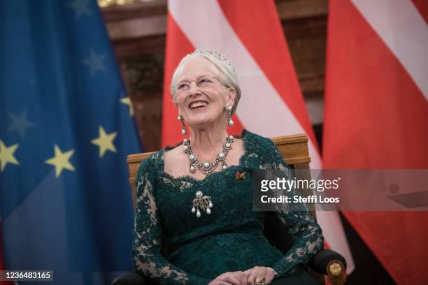 Queen Margrethe II of Denmark attends a state banquet in Bellevue Palace on November 10, 2021 in Berlin, Germany. The Danish queen and her son are...