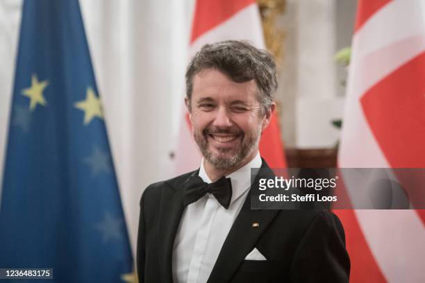 Crown Prince Frederik of Denmark attends a state banquet in Bellevue Palace on November 10, 2021 in Berlin, Germany. The Danish queen and her son are...