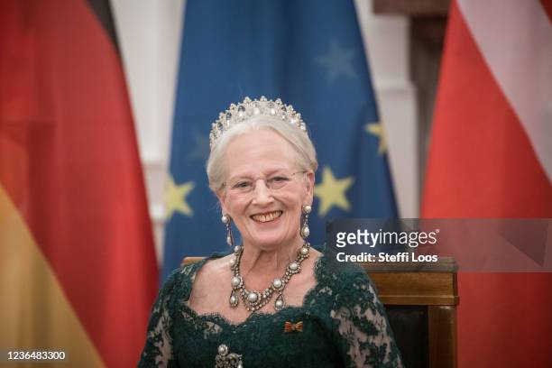 Queen Margrethe II of Denmark attends in a state banquet in Bellevue Palace on November 10, 2021 in Berlin, Germany. The Danish queen and her son are...