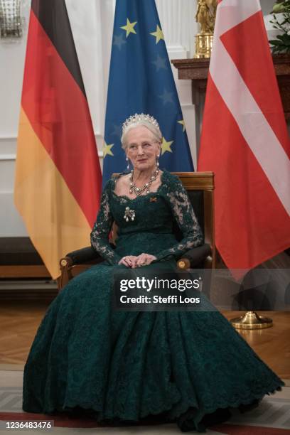 Queen Margrethe II of Denmark attends a state banquet in Bellevue Palace on November 10, 2021 in Berlin, Germany. The Danish queen and her son are...