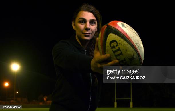 French transgender rugby player of Lons - Pau Alexia Cerenys poses during a training session in Pau on November 10, 2021.