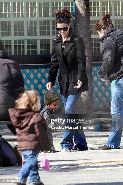 Actress Sandra Bullock and son Louis Bullock are seen on the streets of Manhattan on March 20, 2011 in New York City.