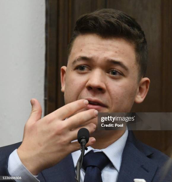 Kyle Rittenhouse testifies during his trial at the Kenosha County Courthouse on November 10, 2021 in Kenosha, Wisconsin. Rittenhouse shot three...