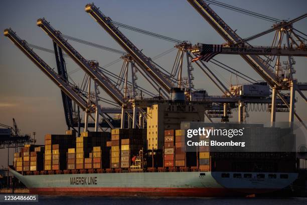 Maersk Line cargo ship loaded with containers at the Port of Baltimore in Baltimore, Maryland, U.S., on Wednesday, Nov. 10, 2021. President Biden is...