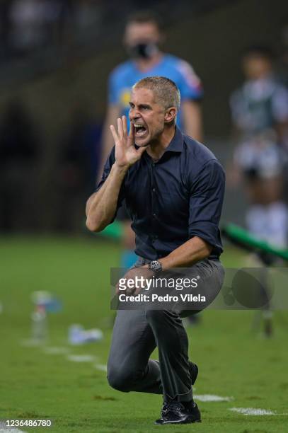 Sylvinho, head coach of Corinthians reacts during a match between Atletico MG and Corinthians as part of Brasileirao 2021 at Mineirao Stadium on...