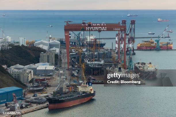 Ships under construction at a Hyundai Heavy Industries Co. Shipyard in Ulsan, South Korea, on Wednesday, Nov. 10, 2021. South Korean economic trend...