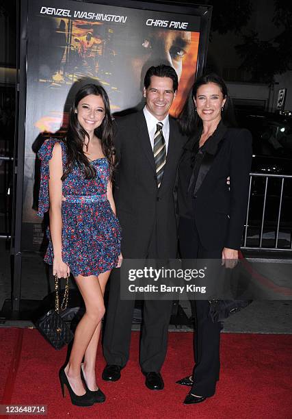 Lucy Julia Rogers-Ciaffa, Chris Ciaffa and actress Mimi Rogers arrive at the Los Angeles Premiere "Unstoppable" at Regency Village Theatre on October...