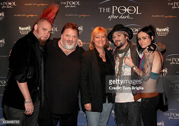 Red Mohawk, Phil Margera, April Margera, Bam Margera, and Bianca pose on the red carpet at The Pool After Dark at Harrah's Resort on Saturday...