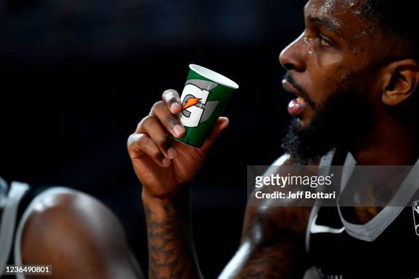 Kevin Murphy of G League Ignite sits on the bench drinking Gatorade against the Agua Caliente Clippers on November 10, 2021 at Mandalay Bay in Las...