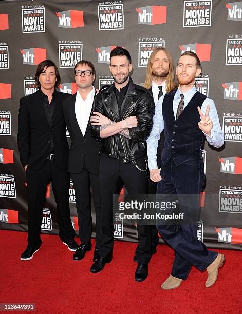 Musicians Matt Flynn. Mickey Madden, Adam Levine, James Valentine, and Jesse Carmichael from the musical group Maroon 5 arrive at the 16th Annual...