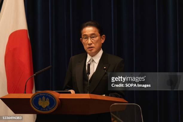 Japanese Prime Minister, Kishida Fumio speaking during his Press conference at Kantei after the Liberal Democratic Party won the House of...