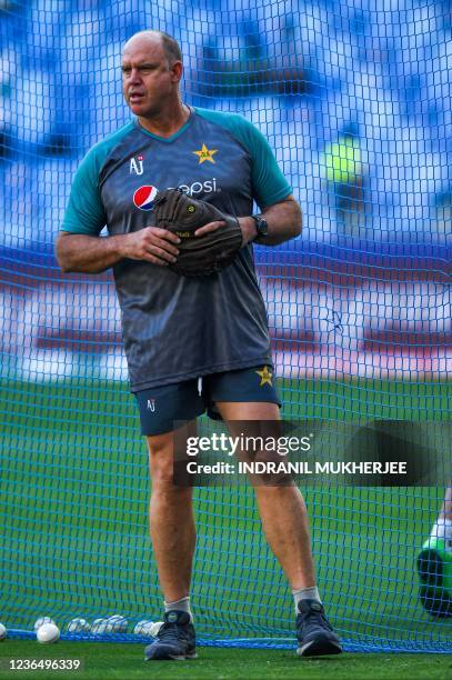 Pakistan's batting coach Matthew Hayden watches his team players before the start of the ICC mens Twenty20 World Cup semi-final match between...