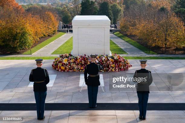 Tomb guard of the 3rd U.S. Infantry Regiment, known as "The Old Guard," salutes during the changing of the guard during a centennial ceremonyat the...