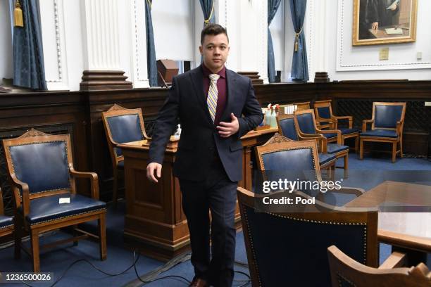 Kyle Rittenhouse arrives for his trial at the Kenosha County Courthouse on November 11, 2021 in Kenosha, Wisconsin. Rittenhouse shot three...