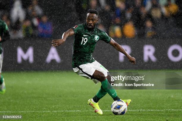 Fahad Al Muwallad of Saudi Arabia controls the ball during the World Cup Qualifier football match between Australia Socceroos and Saudi Arabia on...