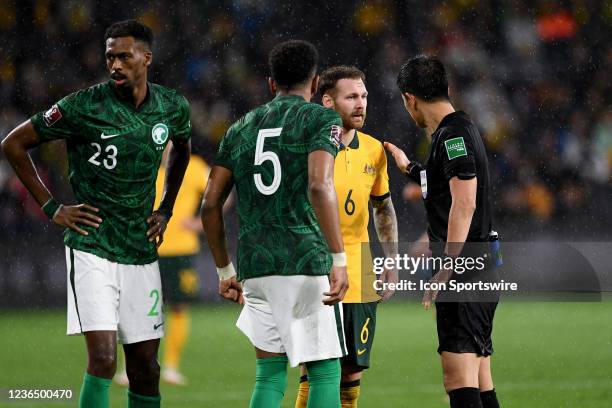 Martin Boyle of the Australian Socceroos talks to the referee during the World Cup Qualifier football match between Australia Socceroos and Saudi...