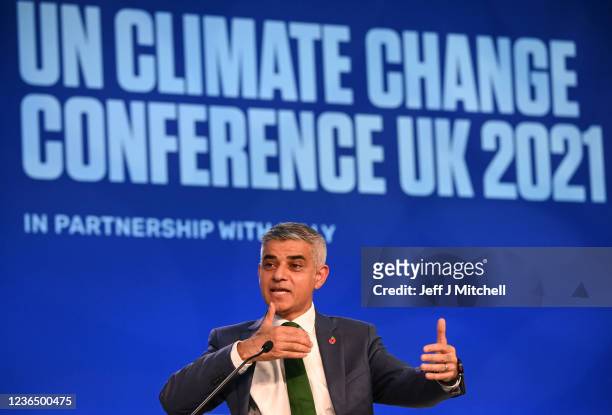 Mayor of London Sadiq Khan speaks during the Global Climate Action High-level event: Racing For A Better World on November 11, 2021 in Glasgow,...