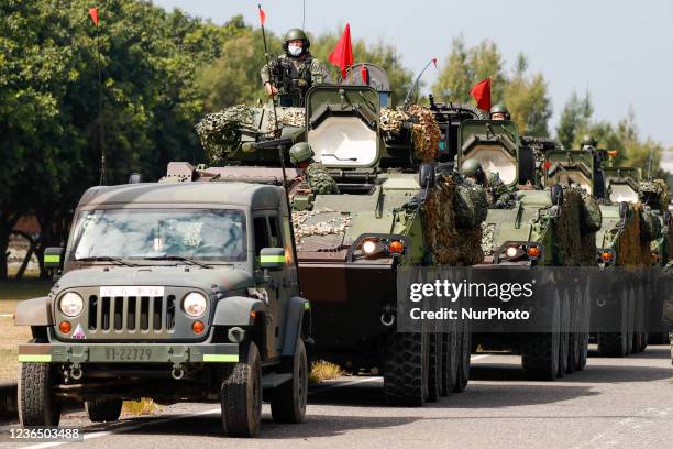 Armoured vehicles are deployed during a shore defense operation as part of a military exercise simulating the defense against the intrusion of...