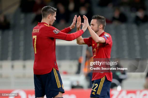 Pablo Sarabia of Spain celebrates 0-1 with Alvaro Morata of Spain during the World Cup Qualifier match between Greece v Spain at the Spyros Louis on...