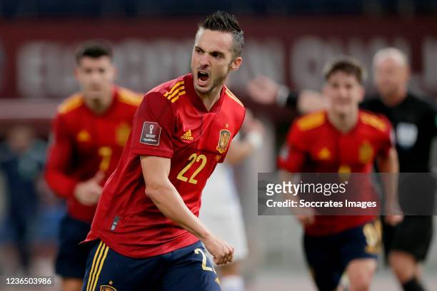 Pablo Sarabia of Spain celebrates 0-1 during the World Cup Qualifier match between Greece v Spain at the Spyros Louis on November 11, 2021 in Athens...