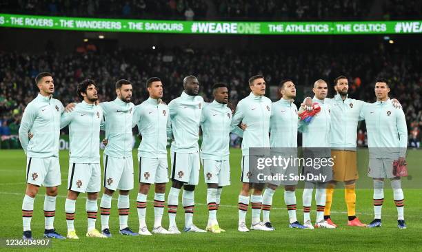 Dublin , Ireland - 11 November 2021; The Portugal team, led by captain Cristiano Ronaldo, stand for the national anthem before the FIFA World Cup...