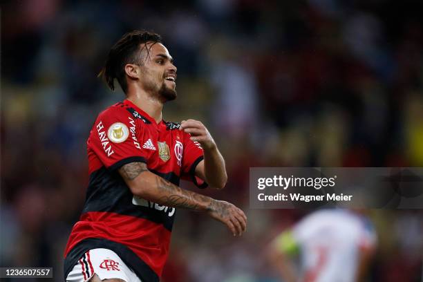 Michael Delgado of Flamengo celebrates after scoring his team's second goal during a match between Flamengo and Bahia as part of Brasileirao 2021 at...