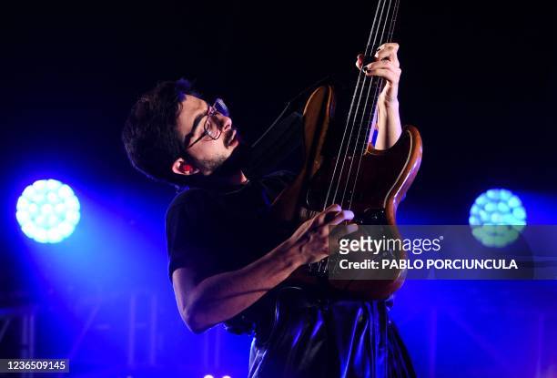 Colombian Simon Vargas of Morat music group performs during their show within the "¿A donde vamos?" Tour, at the Antel Arena in Montevideo, on...