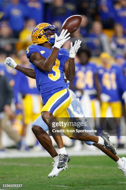 Pittsburgh Panthers wide receiver Jordan Addison makes a catch behind the defense during a college football game against the North Carolina Tar Heels...
