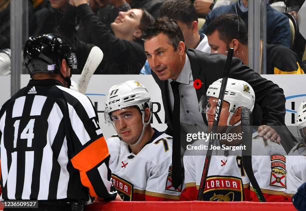 Head coach Andrew Brunette of the Florida Panthers looks on during the third period against the Pittsburgh Penguins at PPG PAINTS Arena on November...