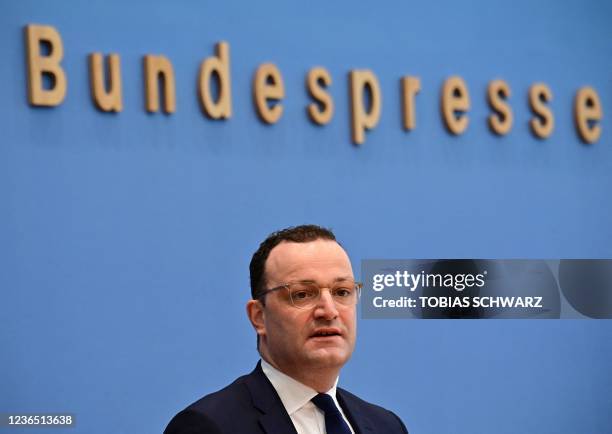 German Health Minister Jens Spahn speaks during a press conference along with the president of the Robert-Koch-Institute , the German national agency...