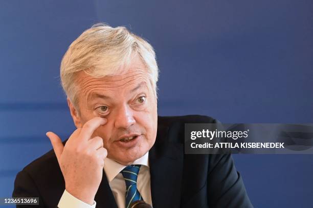 Justice Commissioner Didier Reynders gestures as he addresses a press conference after his two-day visit, at the EU office in Budapest on November...