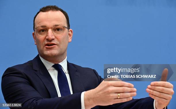German Health Minister Jens Spahn speaks during a press conference along with the president of the Robert-Koch-Institute , the German national agency...