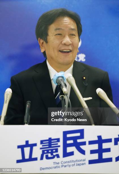 Yukio Edano, head of the Constitutional Democratic Party of Japan, attends a press conference in Tokyo on Nov. 12, 2021. The main opposition party is...