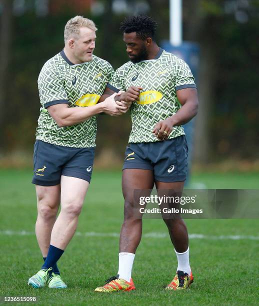 Vincent Koch of South Africa with Siya Kolisi of South Africa during the South African national men's rugby team captain's run at Peffermill Playing...