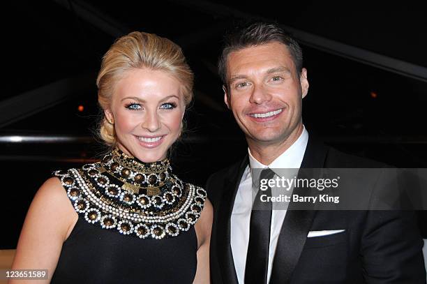 Actress Julianne Hough and TV personality Ryan Seacrest arrive at The Weinstein Company and Realativity Media's 2011 Golden Globes after party held...