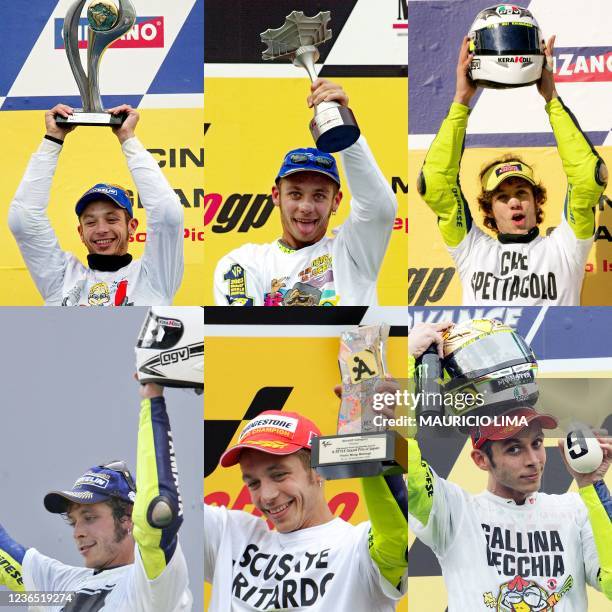 - This combination of file pictures shows Italian rider Valentino Rossi celebrating six MotoGP victories on September 21, 2002 in Rio after the Grand...