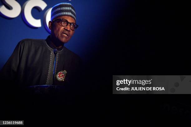 Nigeria's President Muhammadu Buhari gives a speech during the 75th anniversary celebrations of The United Nations Educational, Scientific and...