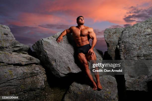 Chris Kavvalos poses during an early morning photo shoot at Little Bay on May 31, 2020 in Sydney, Australia. IFBB body builder Chris Kavvalos has...